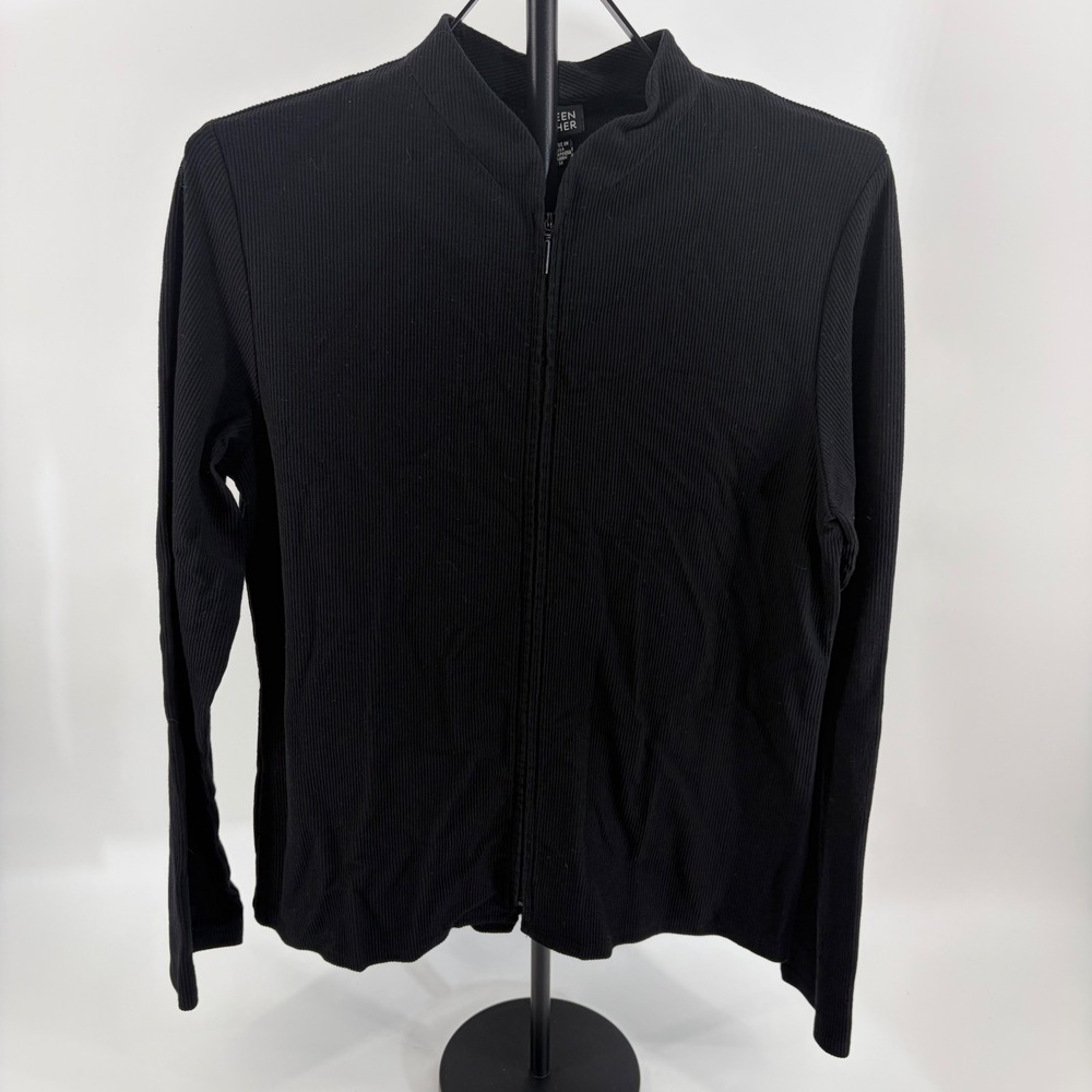 Eileen Fisher Black Ribbed Knit Full Zip Mock Neck Cardigan Jacket Womens Medium